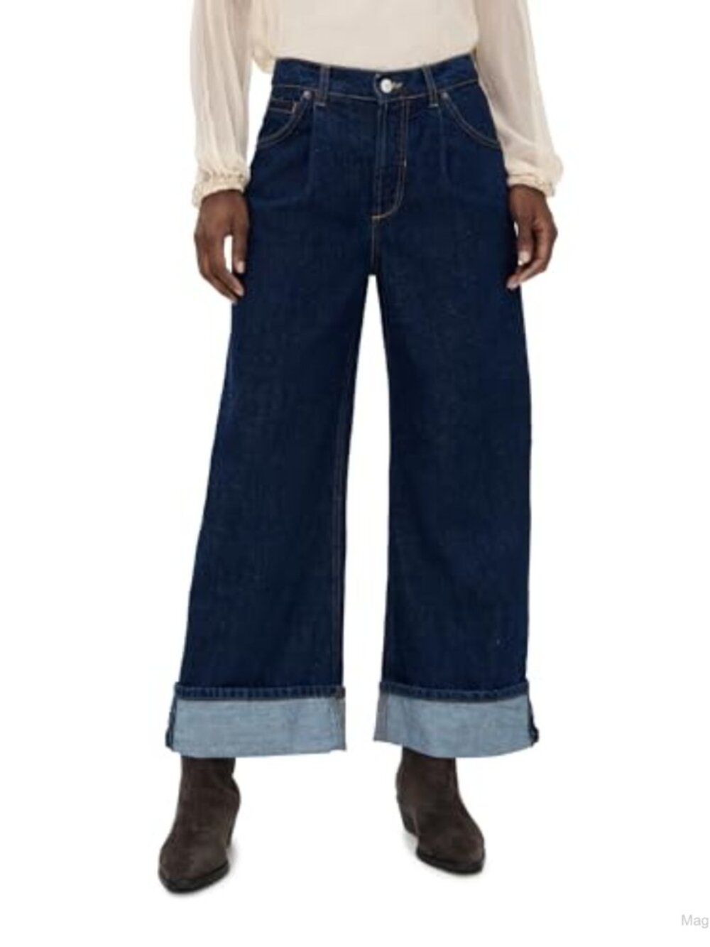 Wide Leg High Rise Jeans Pleated Front Cuffed Hem